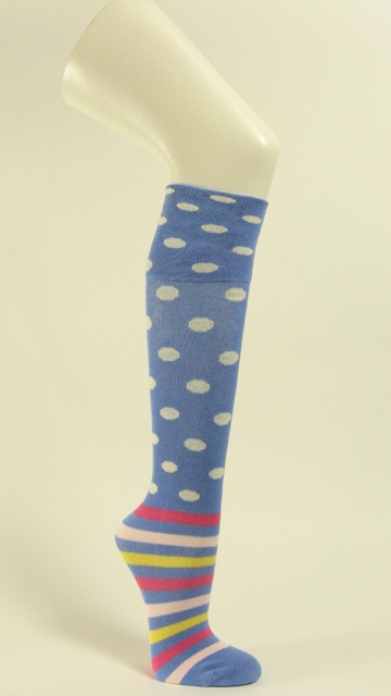 Sky blue under knee socks with white dots stripes no heel - Click Image to Close